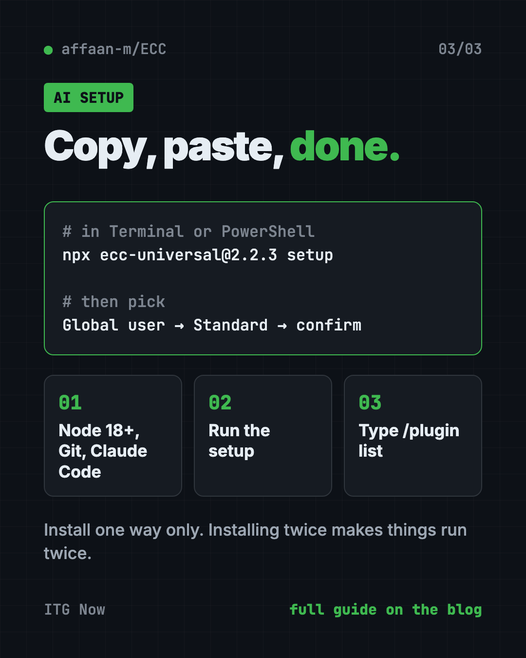Set up the ECC Claude Code plugin with an AI helper: open Claude Code or Codex, paste the prompt, approve each step