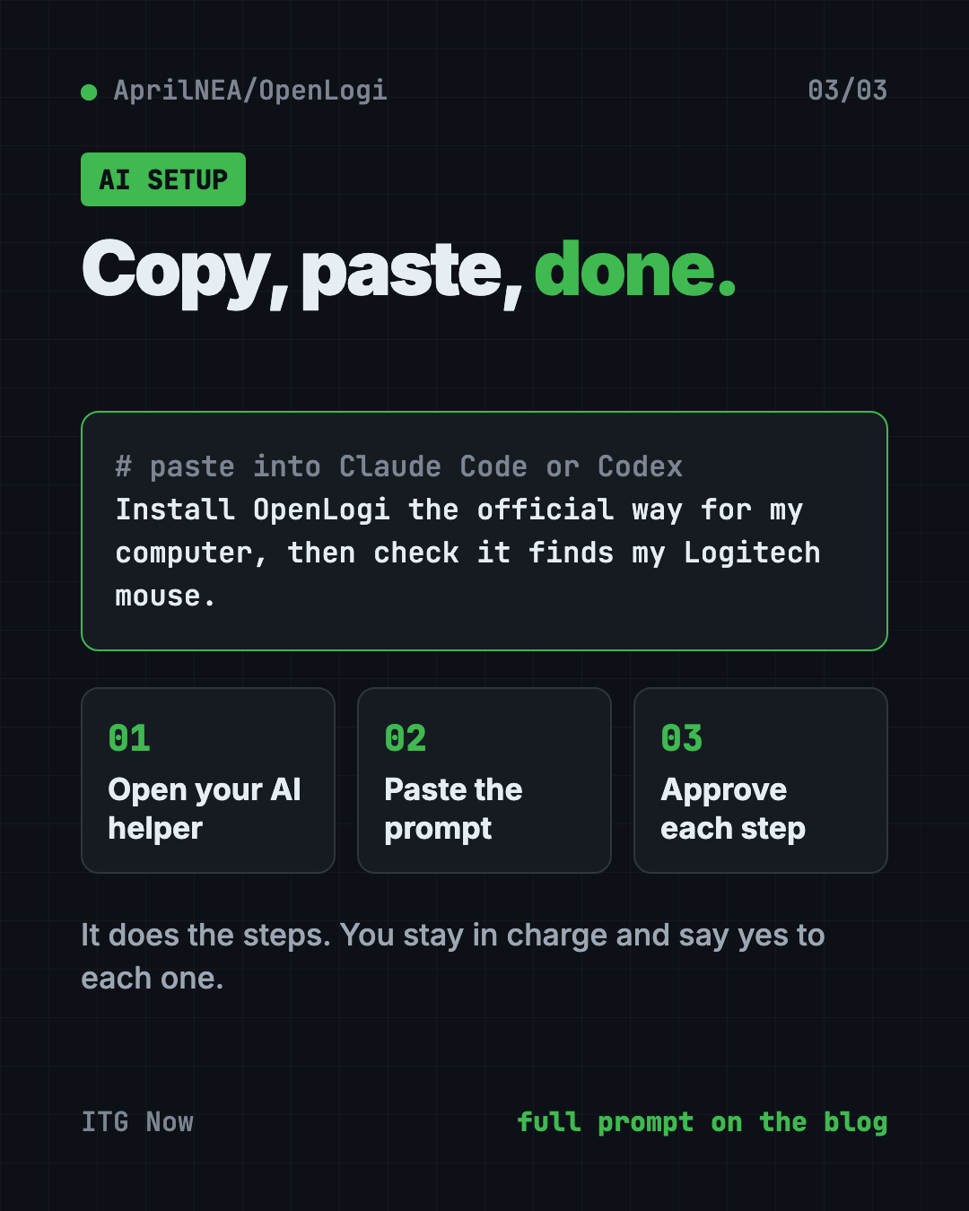 Set up the free Logitech Options+ alternative with Claude Code or Codex: copy the prompt, paste it, approve each step