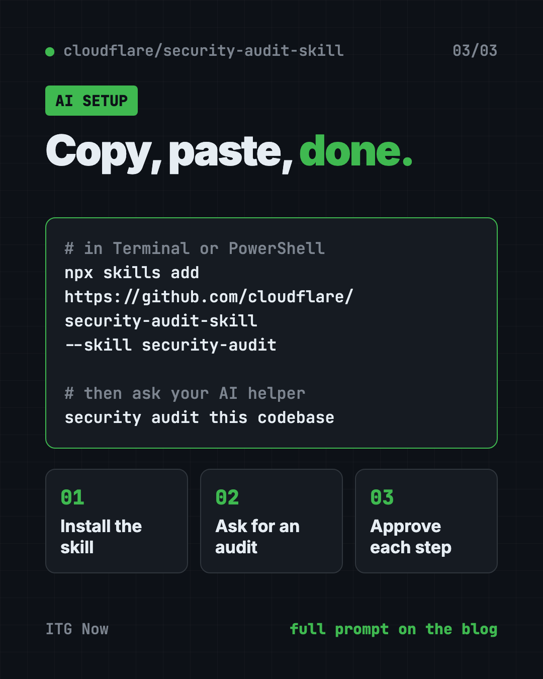 Set up the free AI code security check with Claude Code or Codex: install the skill, ask for an audit, approve each step