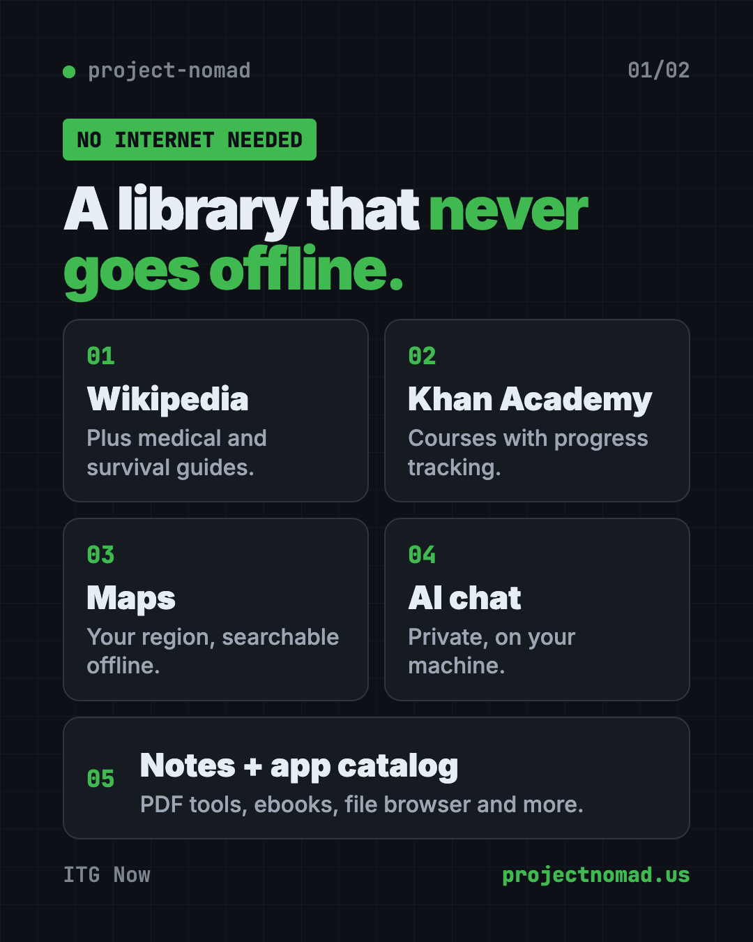 Project NOMAD offline knowledge server: offline Wikipedia, Khan Academy courses, offline maps, local AI chat, notes and app catalog