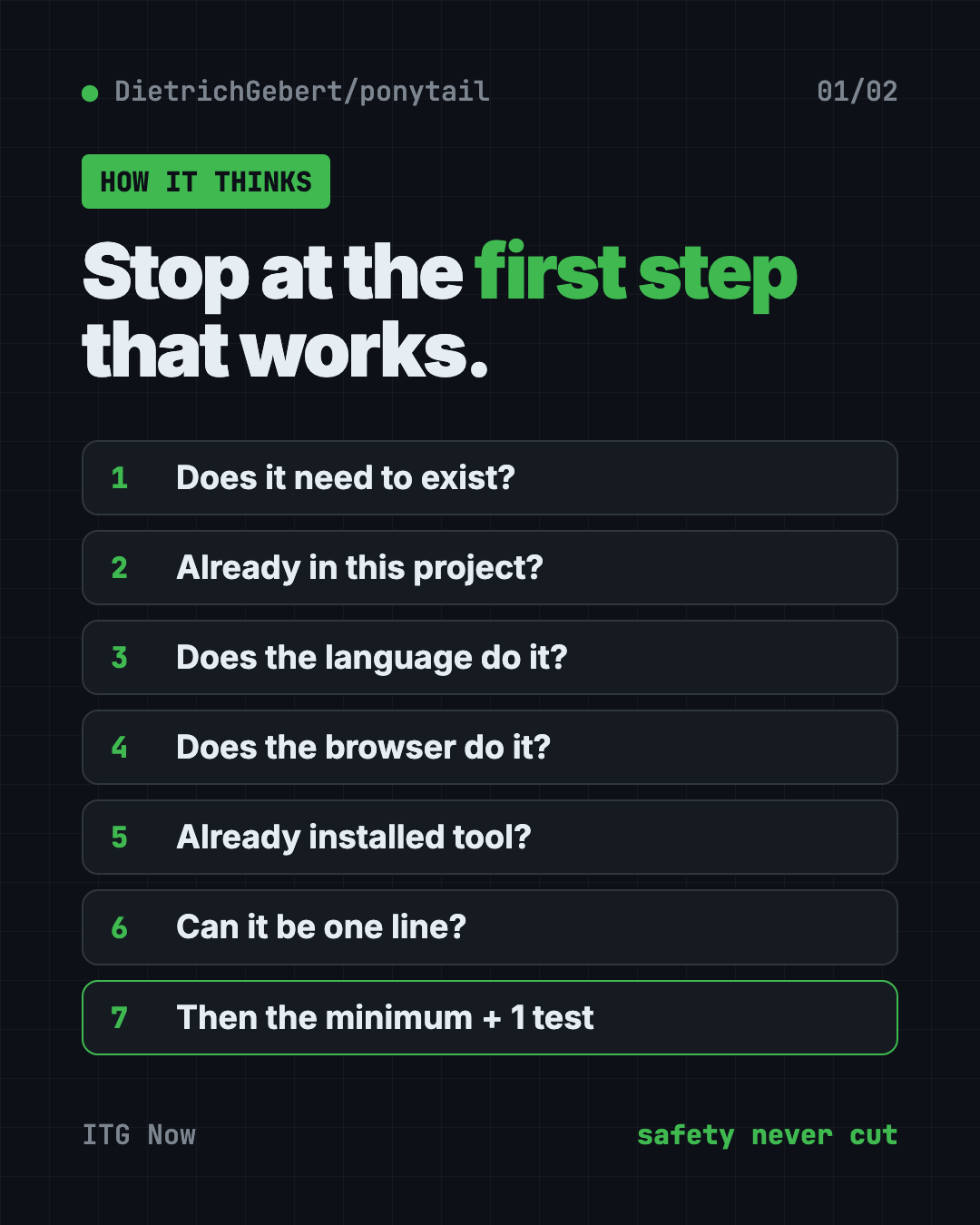 The Ponytail skill ladder: does it need to exist, is it already here, can the language or browser do it, can it be one line, then write the minimum
