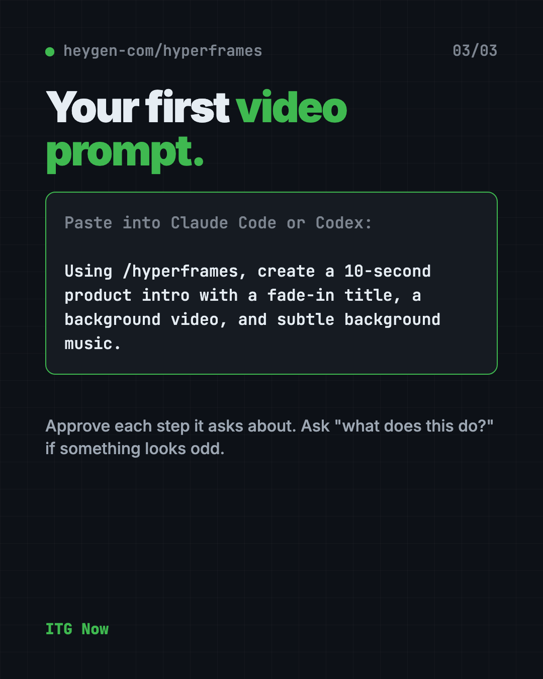 Set up HyperFrames with Claude Code or Codex: copy the prompt, paste it, approve each step
