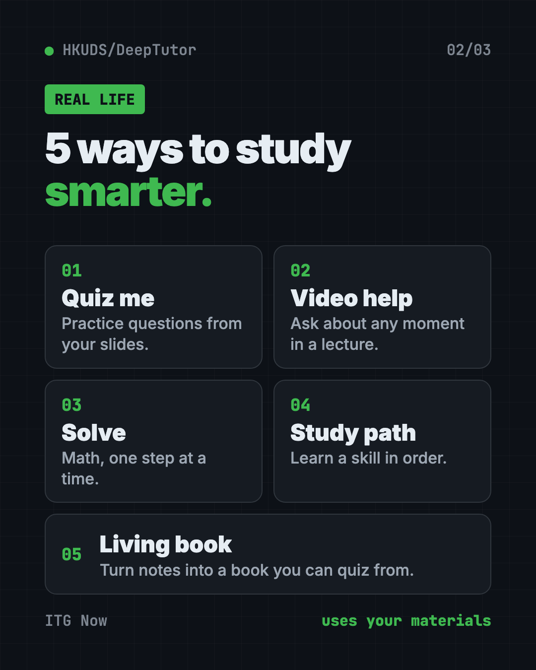 5 ways to use the DeepTutor free AI tutor: quizzes from slides, lecture video help, step-by-step solving, study paths and living books
