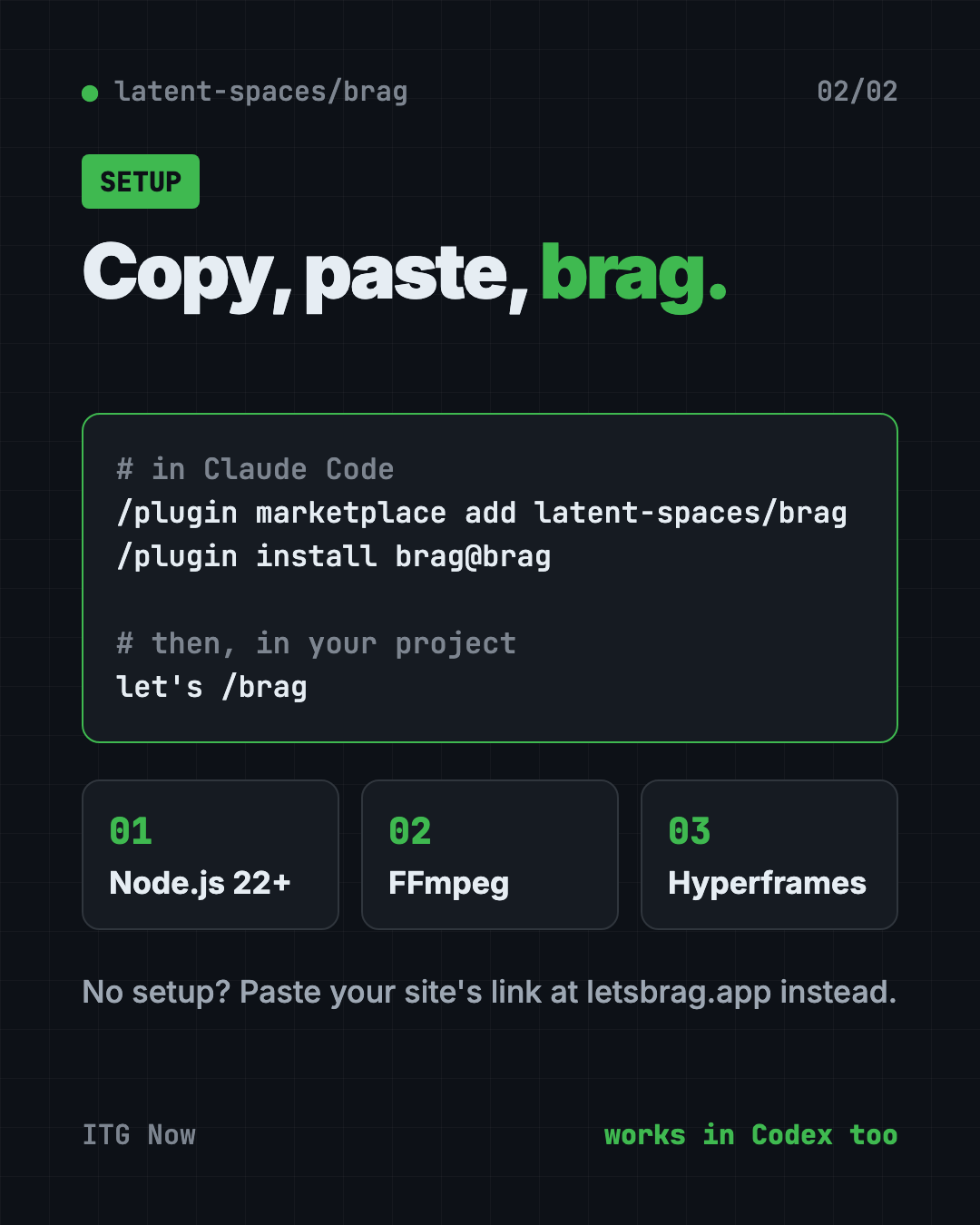 Brag setup in three steps: install the plugin, check Hyperframes, then type let's /brag in your project