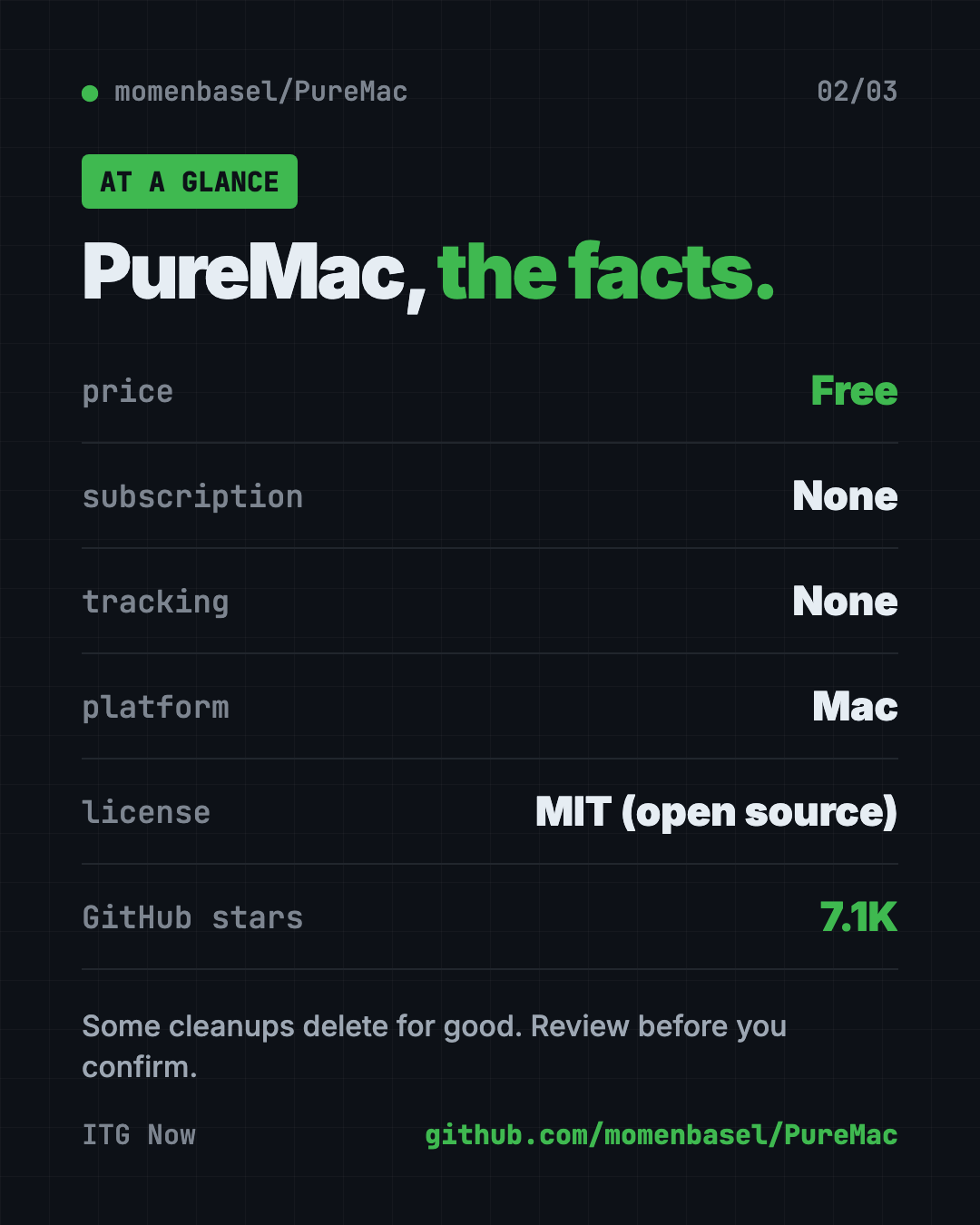 PureMac at a glance: free Mac cleaner, no subscription, no tracking, MIT license, 7.1K GitHub stars