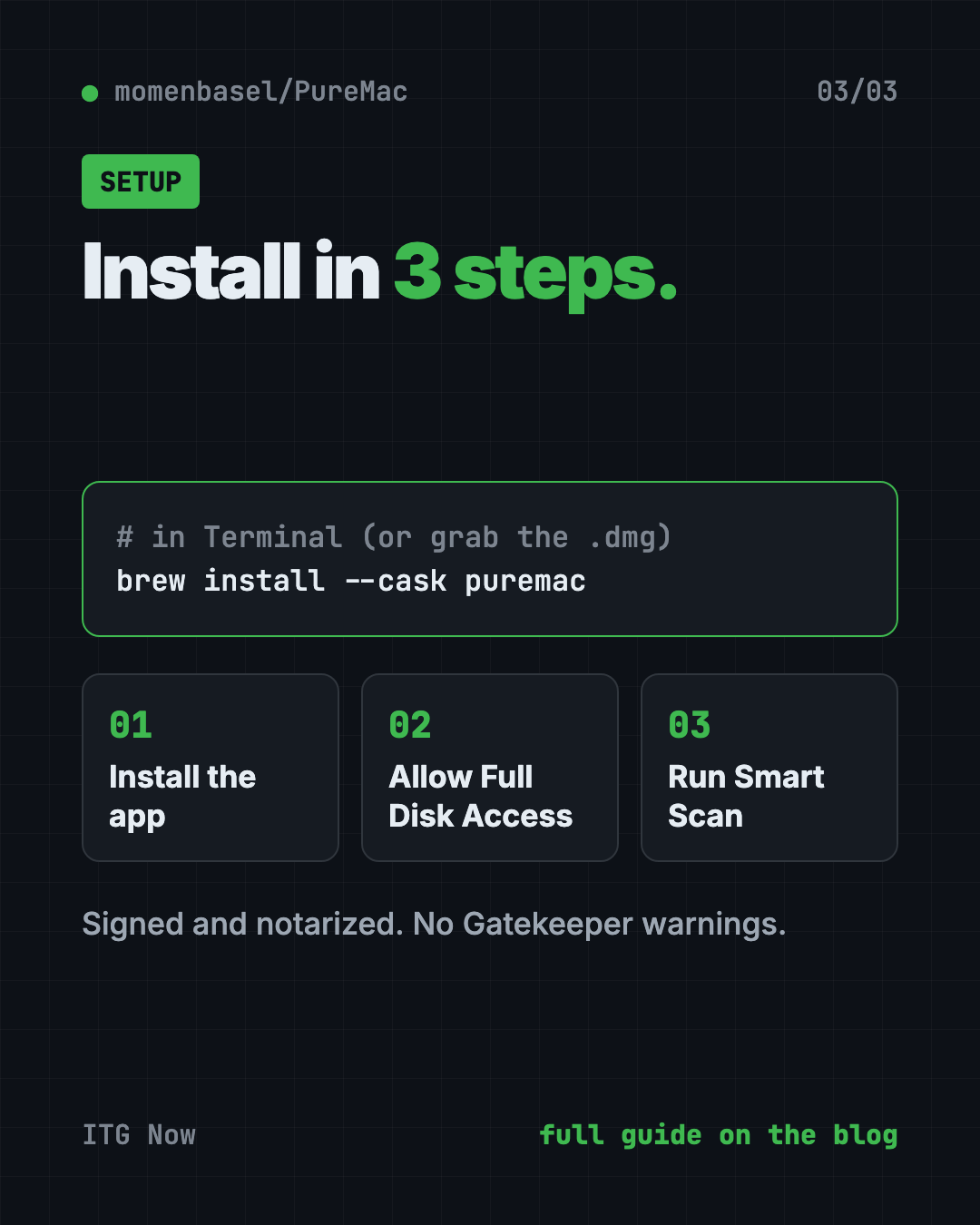 Install PureMac in 3 steps: download or brew install, give Full Disk Access, run Smart Scan