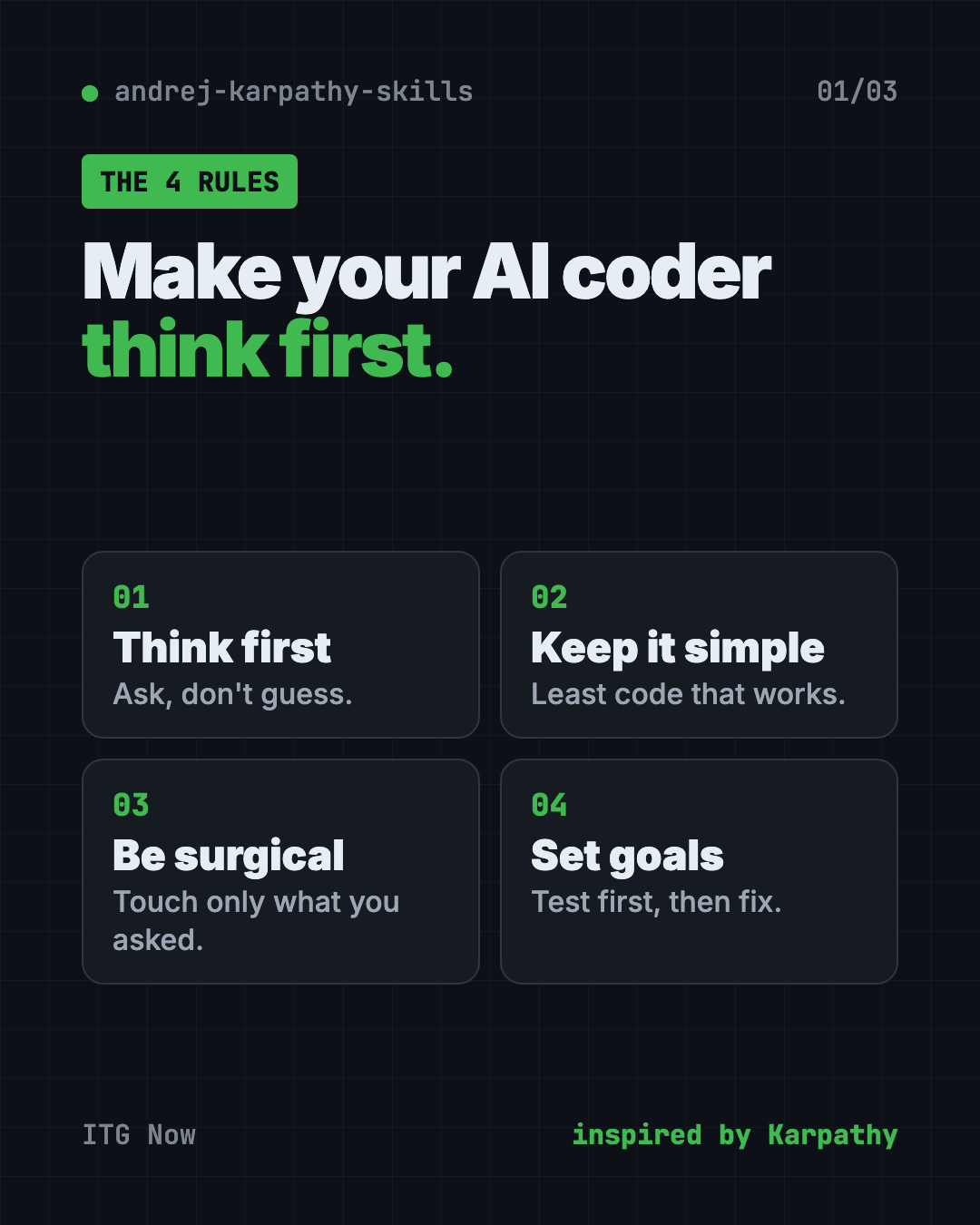 Karpathy skills for Claude Code explained: think before coding, simplicity first, surgical changes, goal-driven work