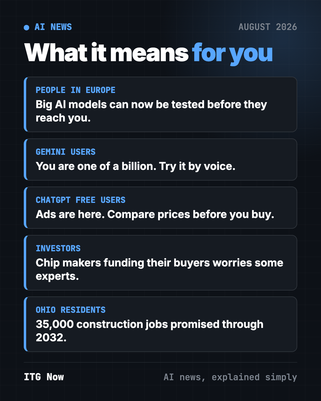 What AI news August 2026 means for you: people in Europe, Gemini users, ChatGPT free users, investors and Ohio residents