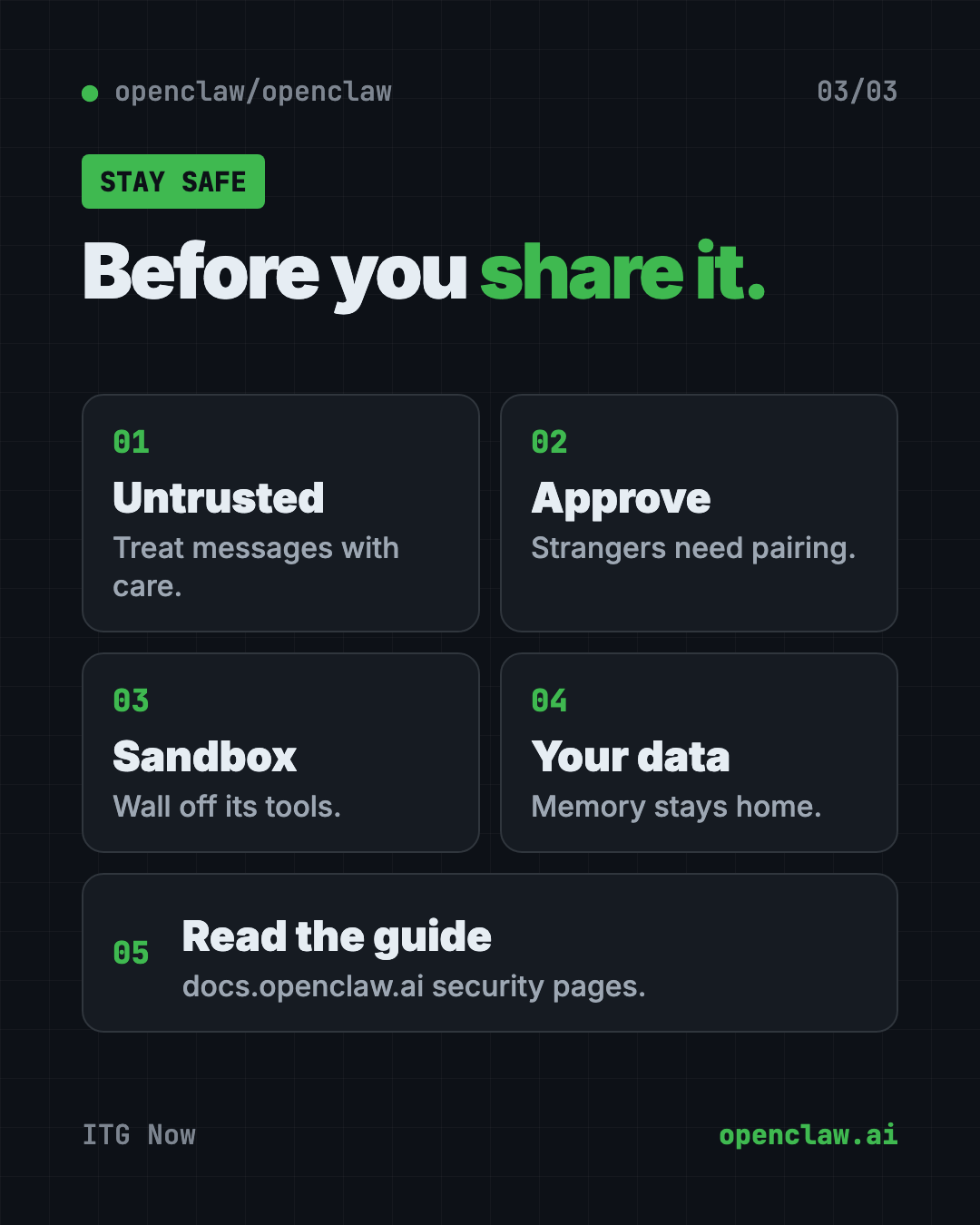 OpenClaw safety checklist: treat messages as untrusted, approve new senders, use a sandbox, read the security guide