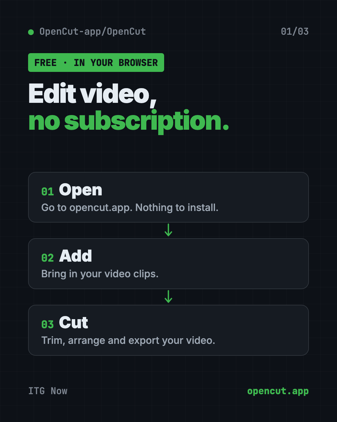 How the free CapCut alternative OpenCut works in 3 steps: open opencut.app, add your clips, cut and export your video