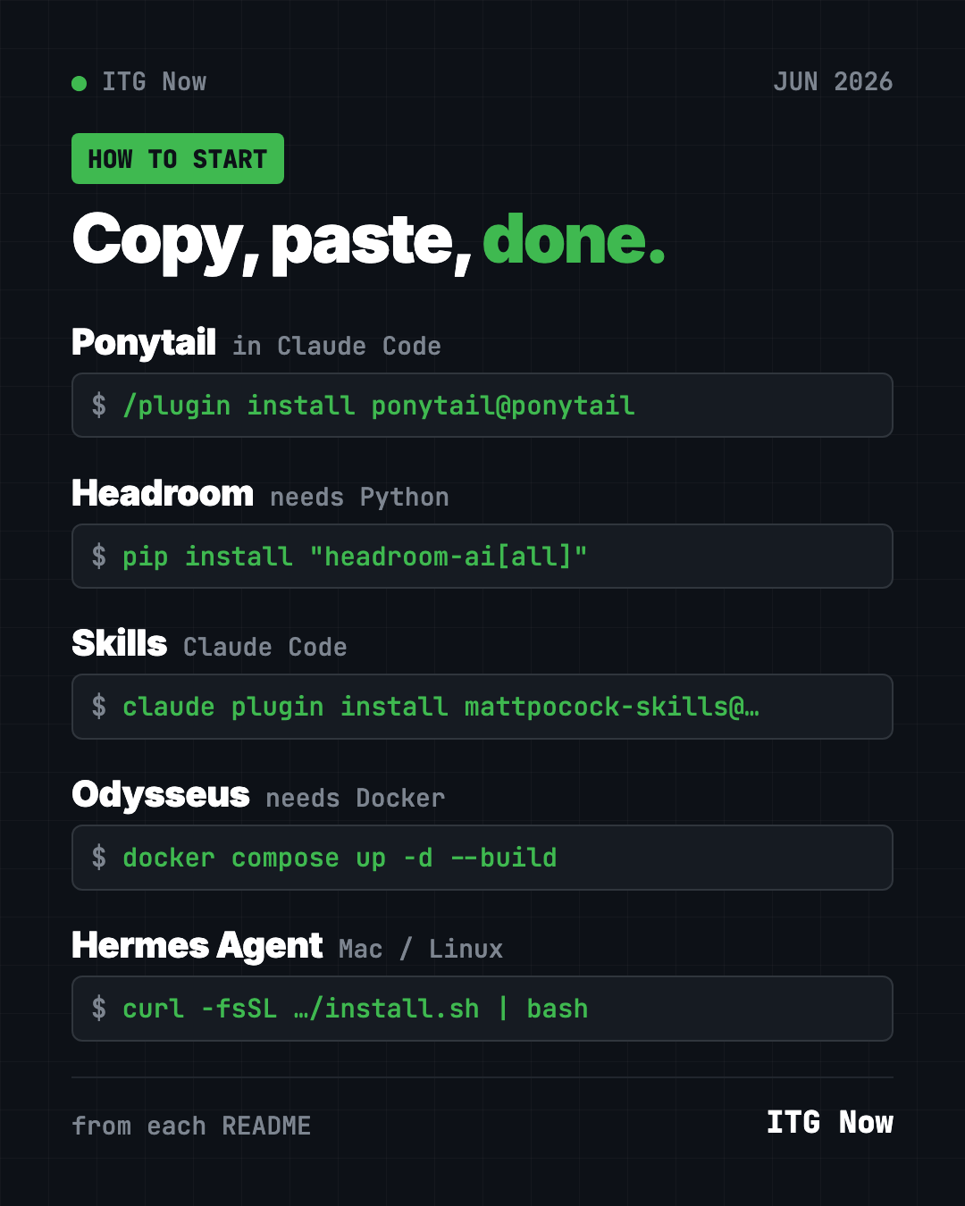 Copy, paste, done: the one-line setup for each of the best GitHub repos June 2026 brought, from Ponytail to Hermes Agent