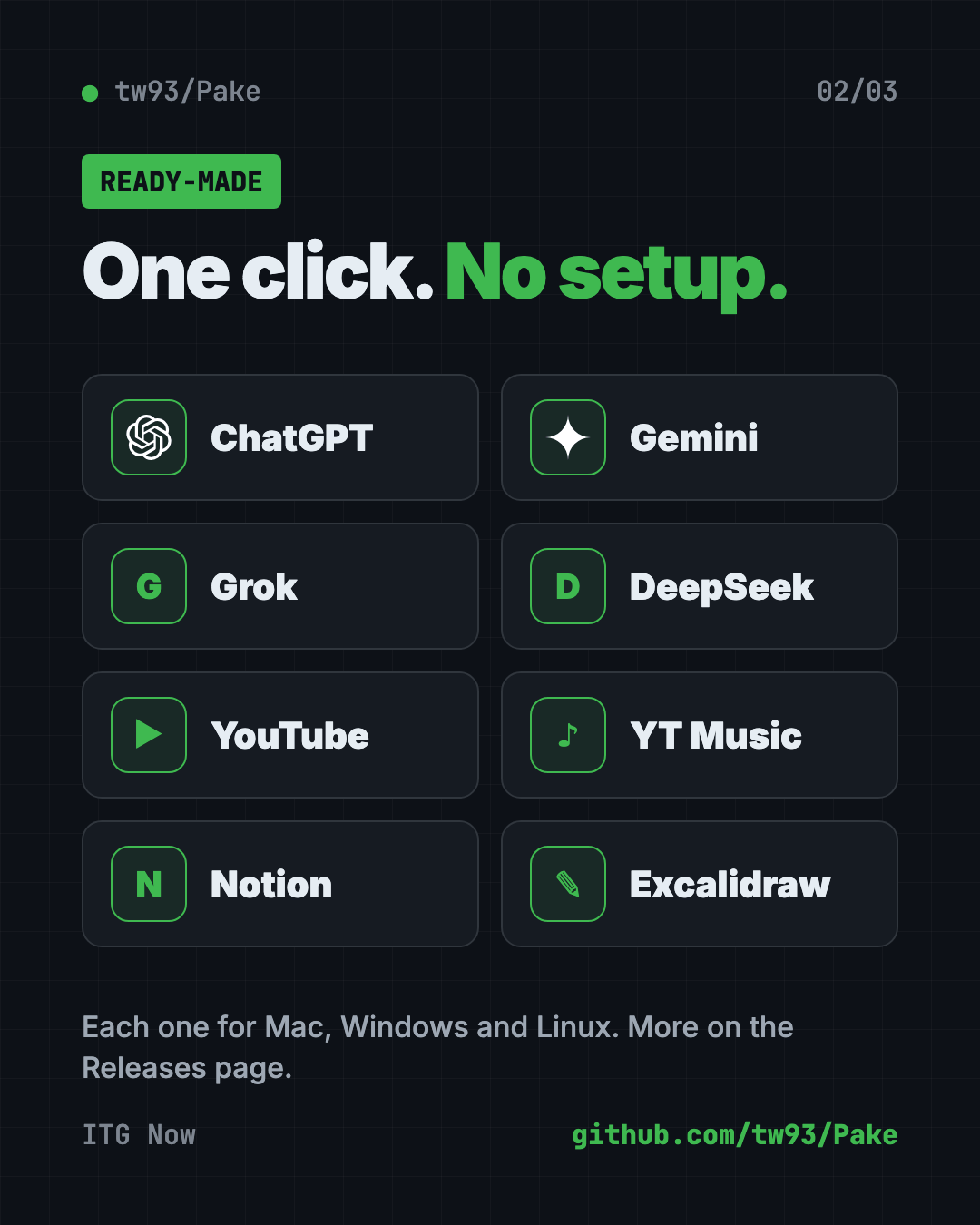 Pake ready-made desktop apps: ChatGPT, Gemini, Grok, DeepSeek, YouTube Music, Notion and Excalidraw for Mac, Windows and Linux