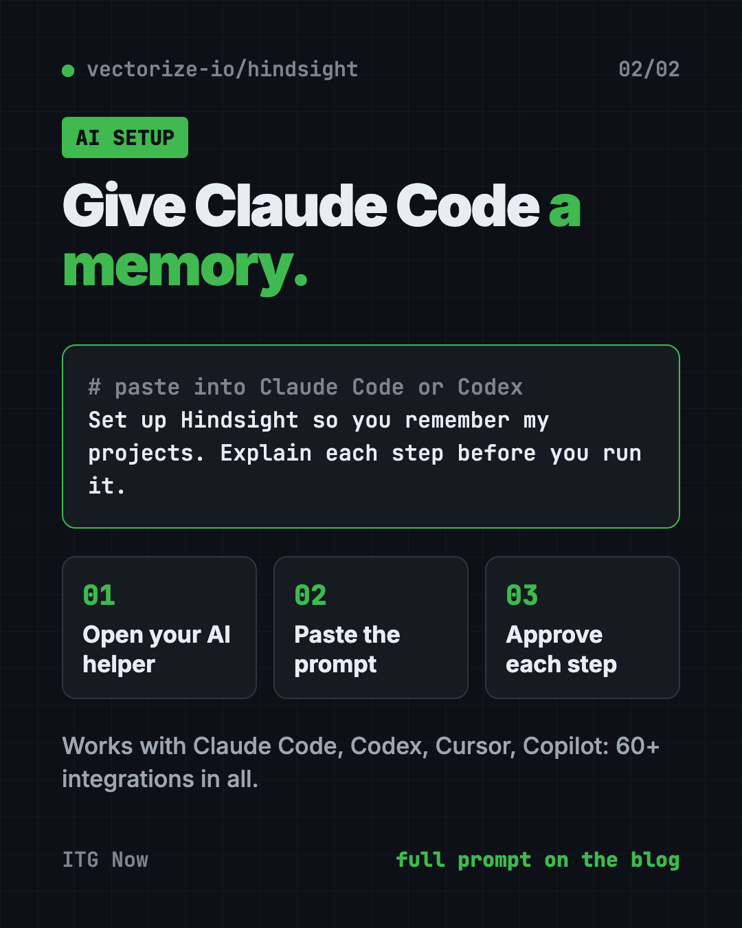 Set up Hindsight AI agent memory with Claude Code or Codex: copy the prompt, paste it, approve each step