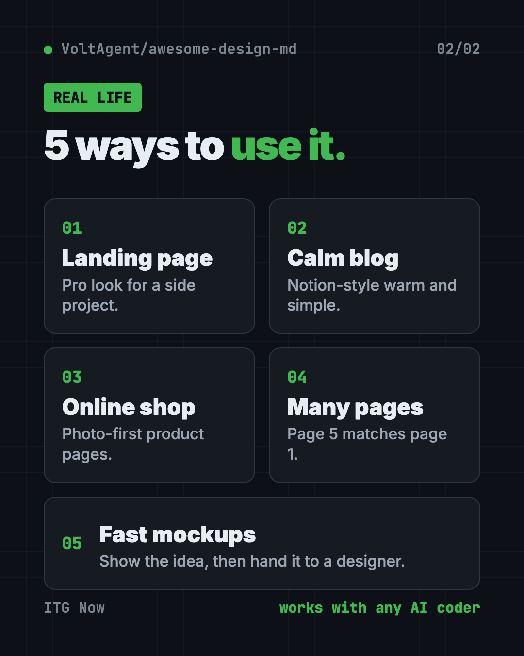 5 ways to use Awesome DESIGN.md files for AI: landing pages, blogs, online shops, consistent multi-page sites, fast prototypes