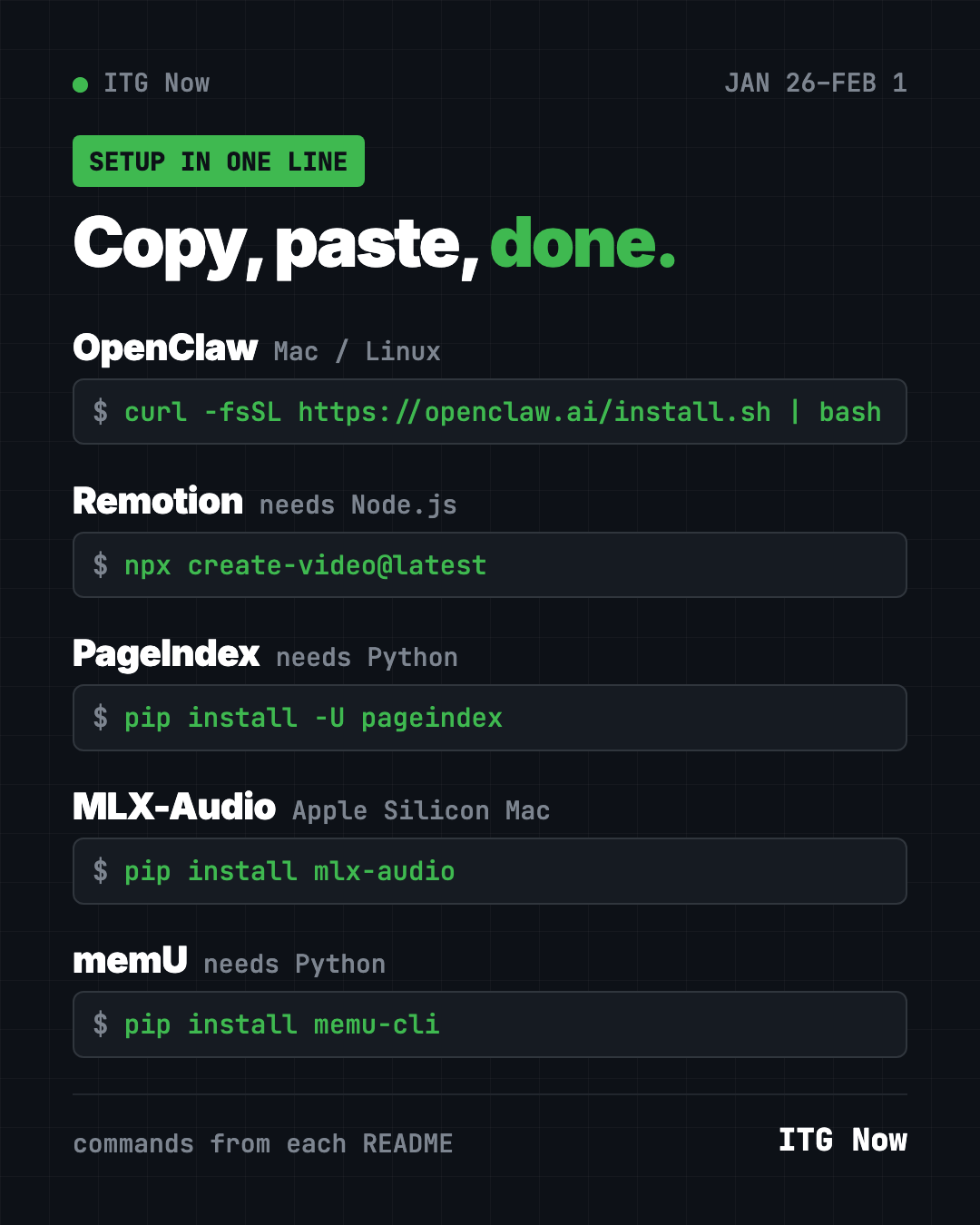 Copy, paste, done: the setup line for each trending GitHub repo of late January 2026, from OpenClaw to memU