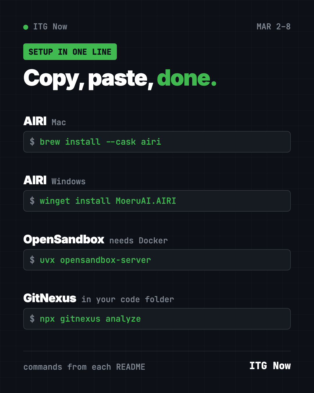 Copy, paste, done: setup lines for AIRI on Mac and Windows, OpenSandbox and GitNexus from the March 2 trending week