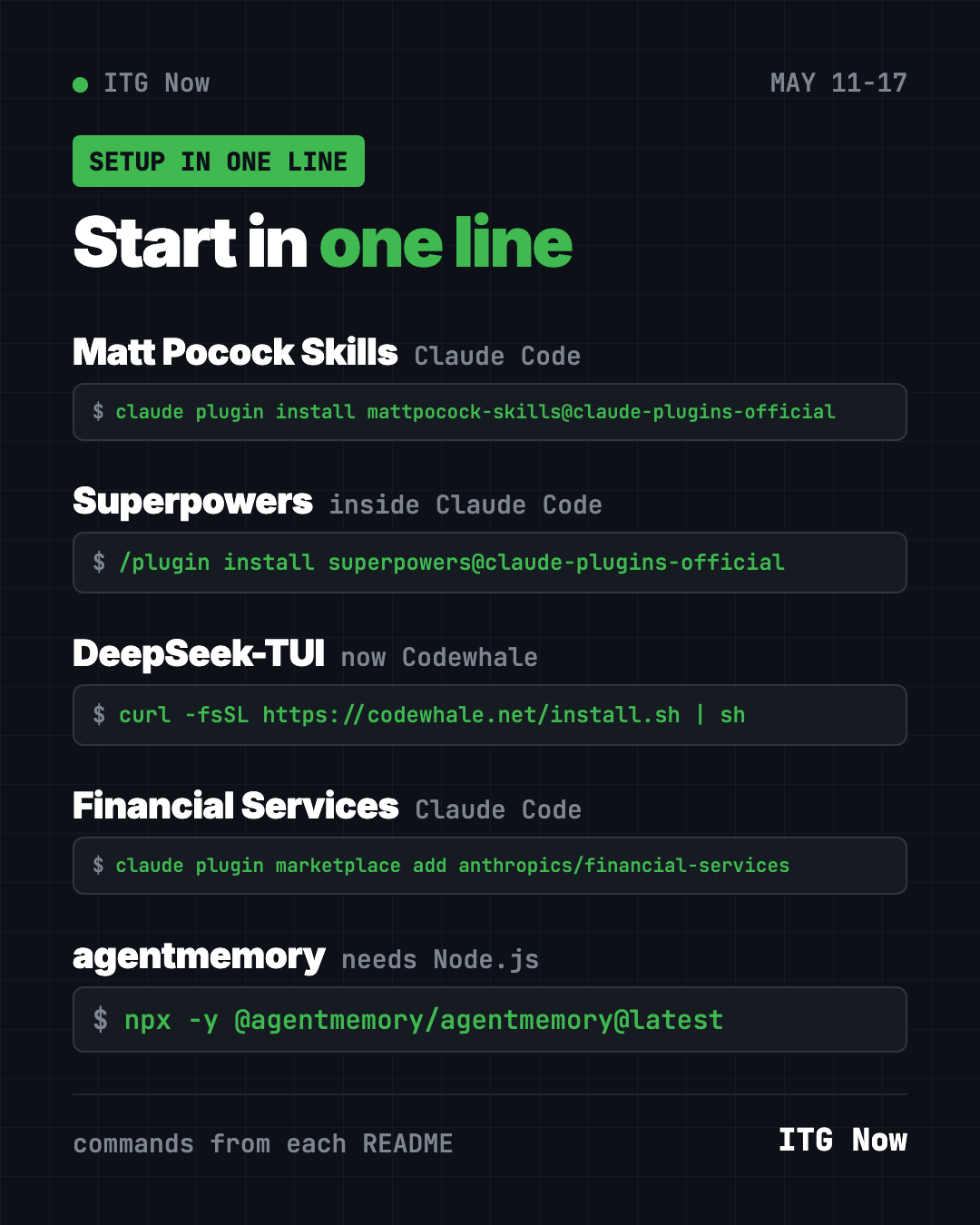 Start in one line: install commands for the popular GitHub repos May 11 2026, from Matt Pocock Skills to agentmemory