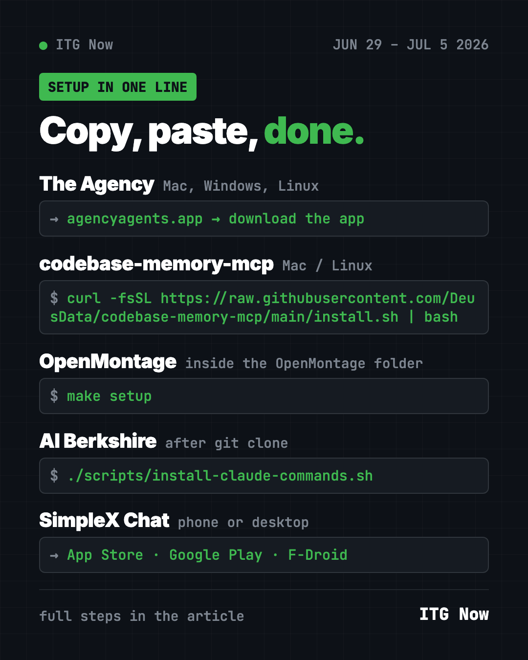 Copy, paste, done: setup for The Agency, codebase-memory-mcp, OpenMontage, AI Berkshire and SimpleX Chat, the best GitHub repos of June 29 2026