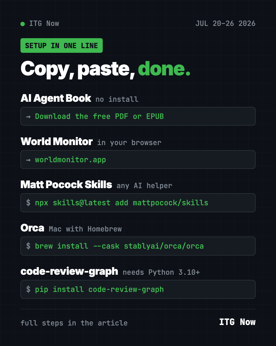 Copy, paste, done: the easiest way to start each top trending GitHub repo of July 20 2026, from AI Agent Book to code-review-graph