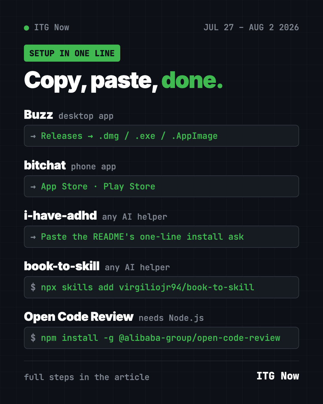 Copy, paste, done: how to start each GitHub trending repo from the week of July 27 2026, from Buzz to Open Code Review