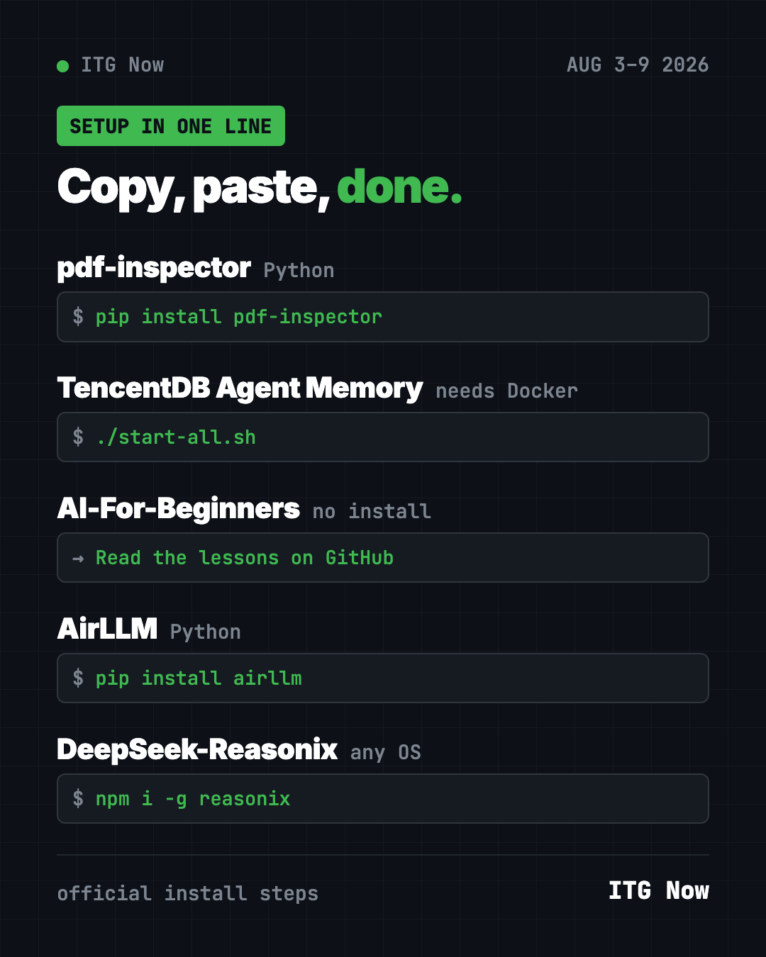 Copy, paste, done: one-line setup for the trending GitHub repos of the week of Aug 3 2026, from pip install pdf-inspector to npm i -g reasonix