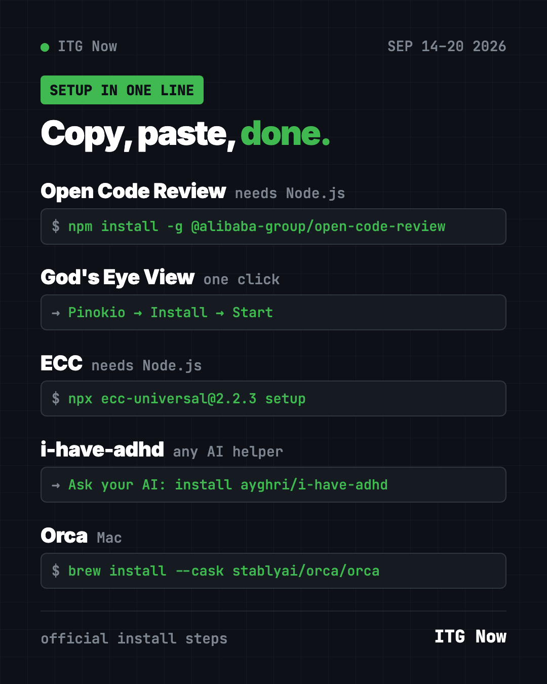Copy, paste, done: setup commands for the most starred GitHub repos Sept 14 2026, including npm install for Open Code Review and brew install for Orca