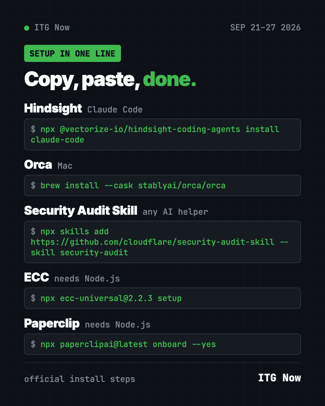Copy, paste, done: install lines for the trending GitHub repos Sept 21 2026, from the Hindsight coding agents package to npx paperclipai onboard