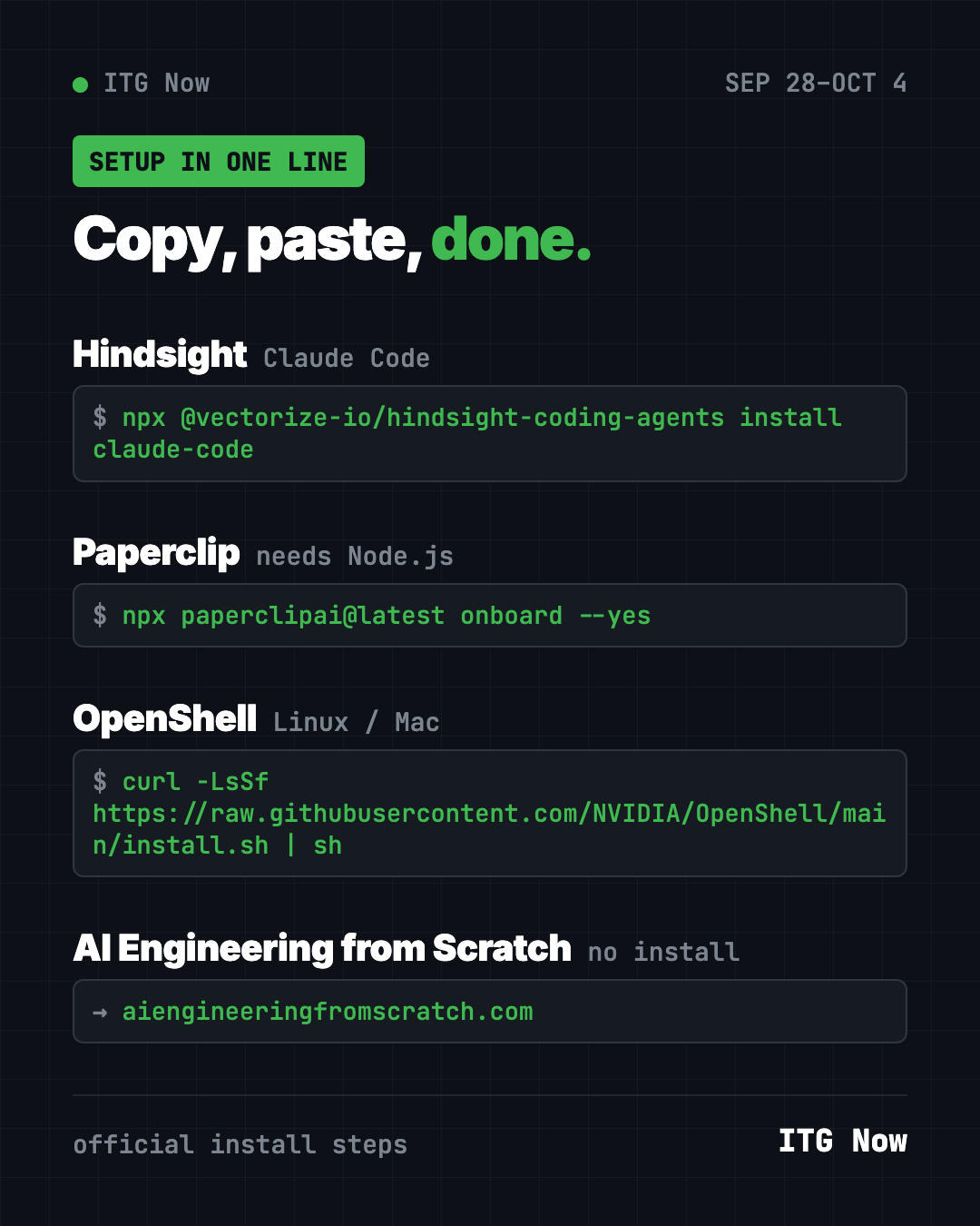 Copy, paste, done: setup lines for the GitHub trending September 28 2026 repos, from the Hindsight command to the OpenShell script
